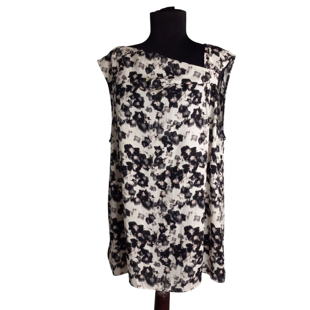 Halston Womens Black & White Floral Sleeveless Blouse XL